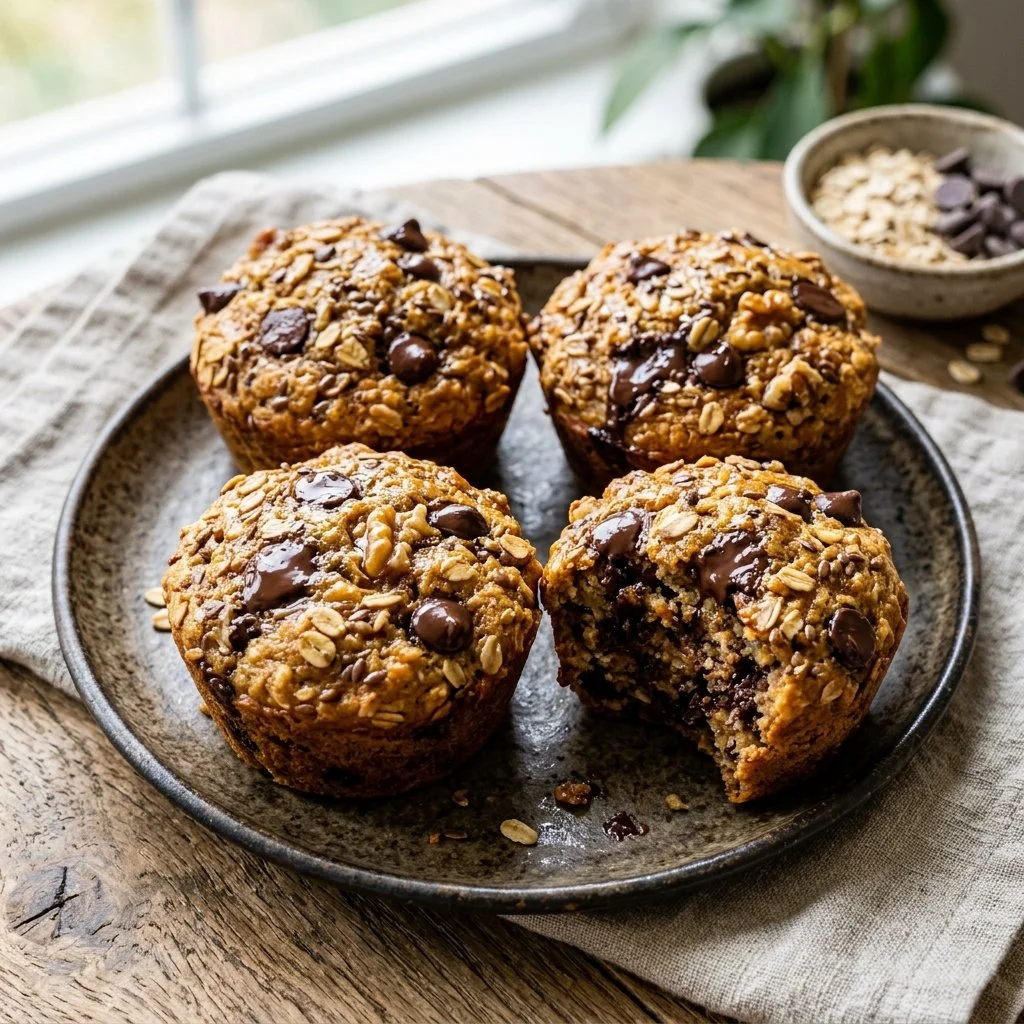Homemade high protein muffins on a wooden table with fresh ingredients.
