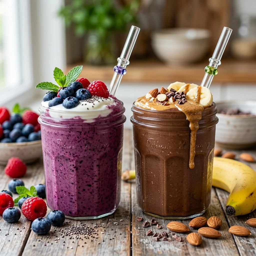 High protein smoothie with fruits and protein powder in a glass