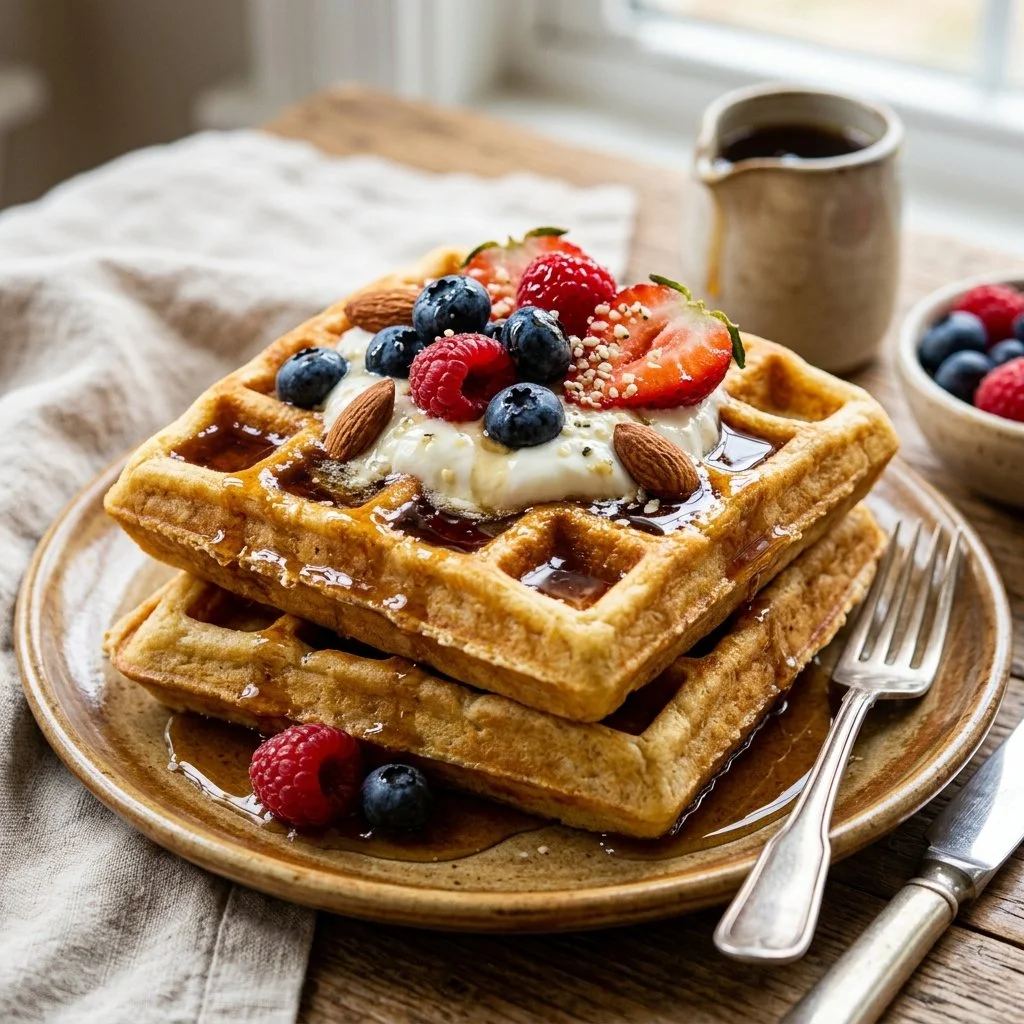 Delicious high protein waffles topped with fresh fruit and syrup