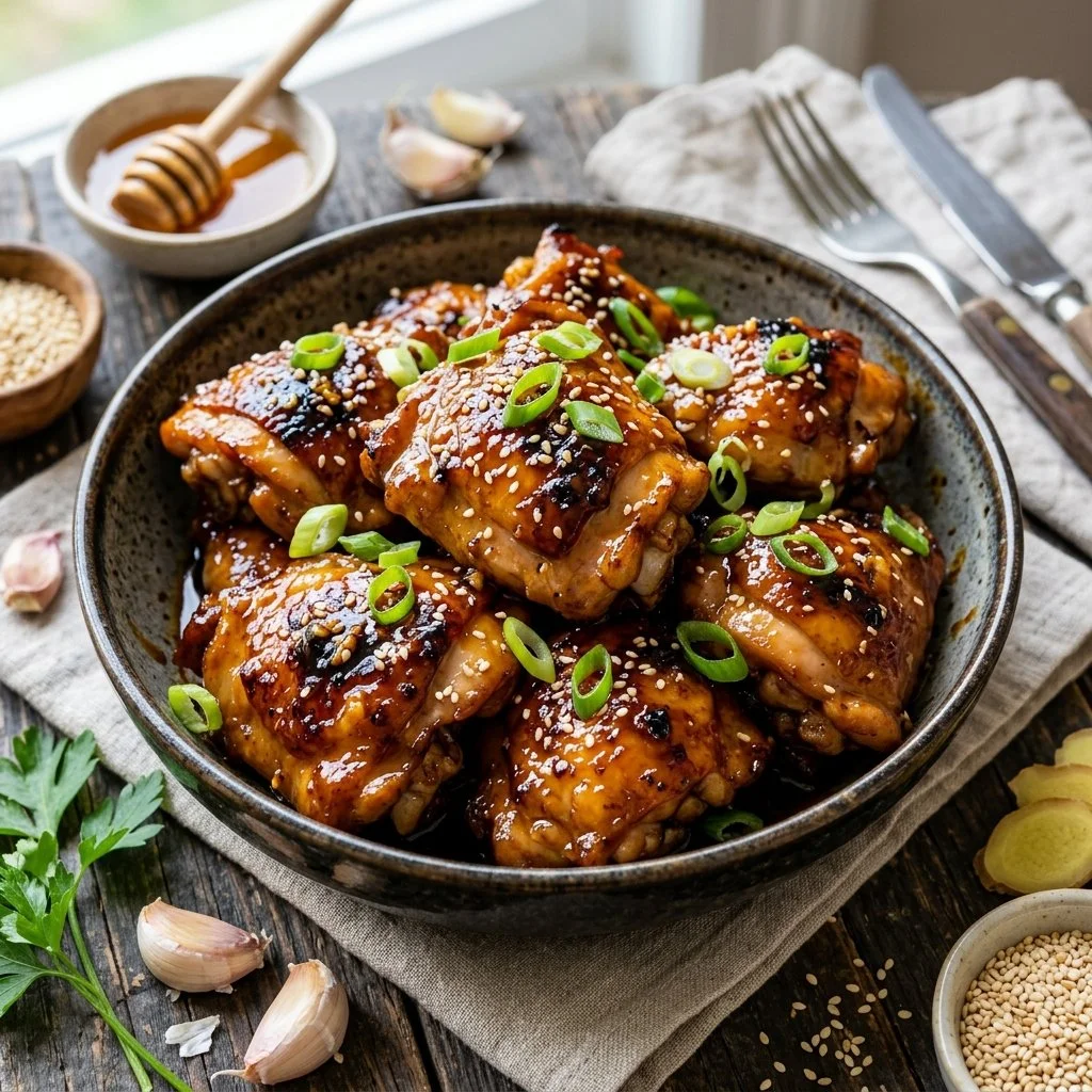 Plate of Honey Garlic Chicken with vegetables, showcasing a delicious meal