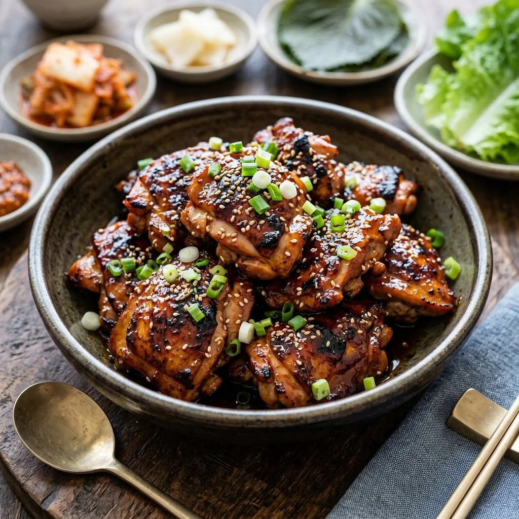 Delicious Korean BBQ chicken grilled and served with traditional sides.
