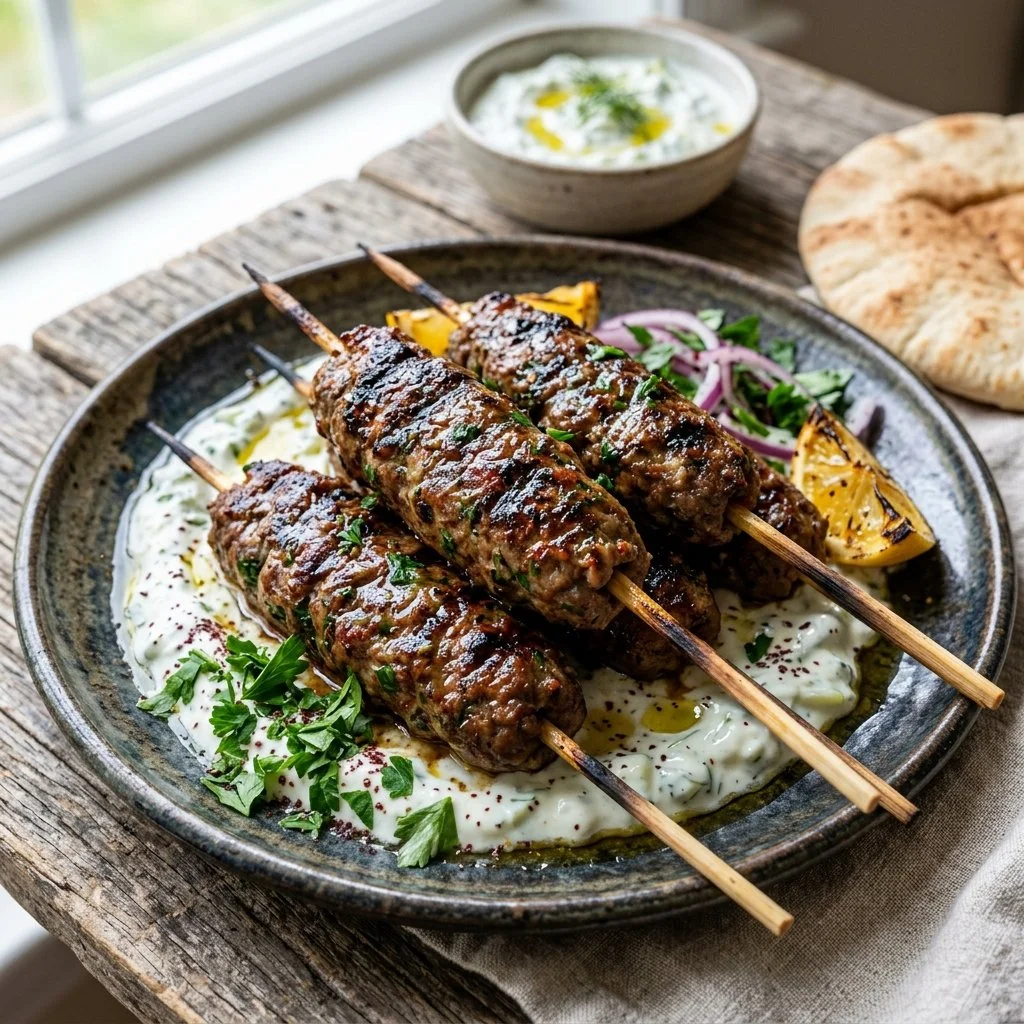 Grilled Lamb Kofta Skewers with herbs and spices served on a platter