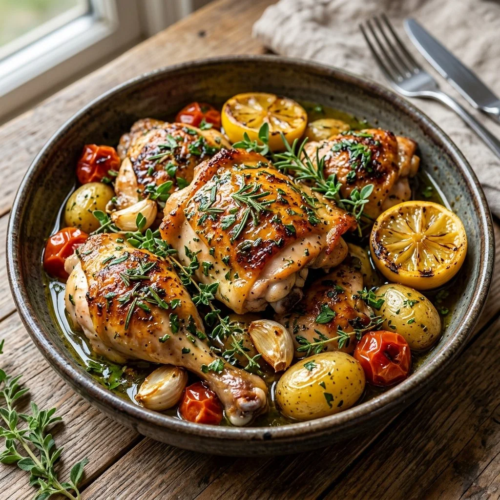 Delicious Lemon Herb Chicken garnished with fresh herbs and lemon slices.
