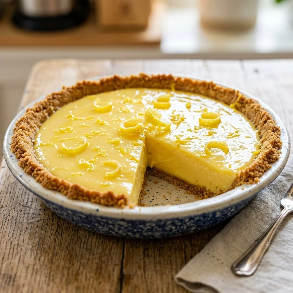Delicious slice of Lemon Icebox Pie topped with whipped cream and lemon zest