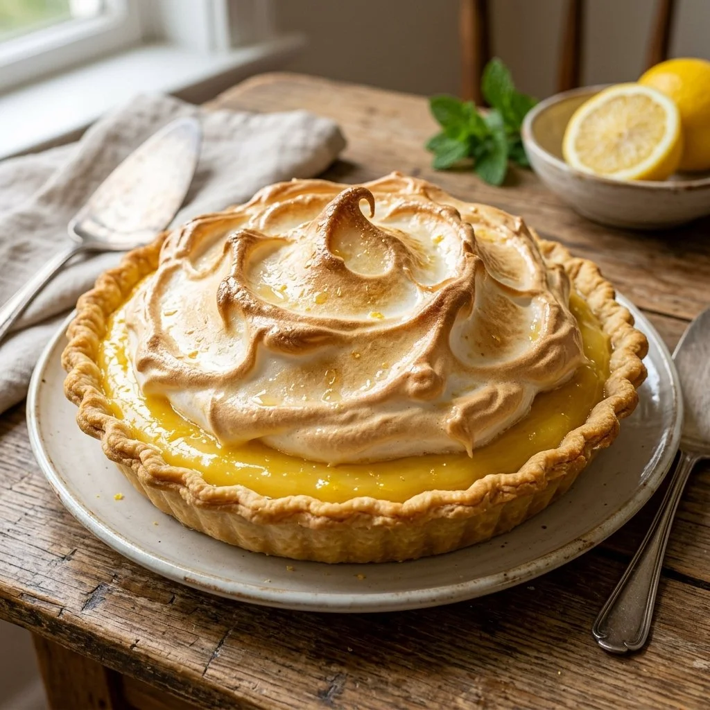 Homemade lemon meringue pie topped with fluffy meringue and a golden crust.