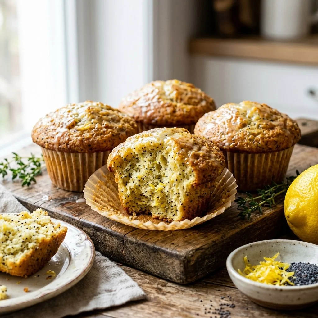 Freshly baked lemon poppy seed muffins on a cooling rack
