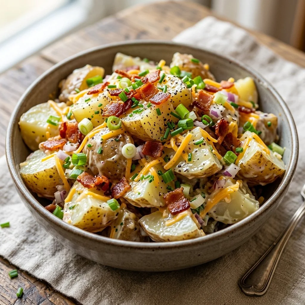 Delicious loaded baked potato salad topped with cheese and green onions