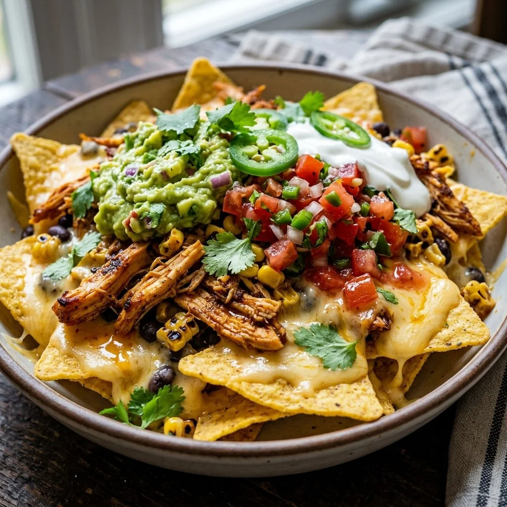 A plate of loaded chicken nachos topped with cheese, jalapeños, and guacamole