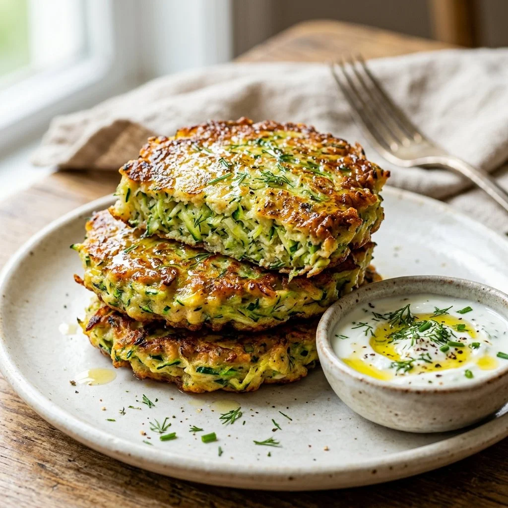 Delicious low carb zucchini fritters served with a dipping sauce.