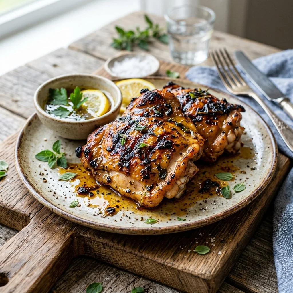Marinated grilled chicken thighs on a grill ready to serve