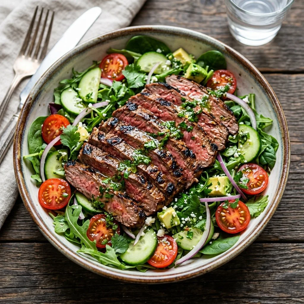 Marinated Grilled Flank Steak Salad with fresh vegetables and dressing