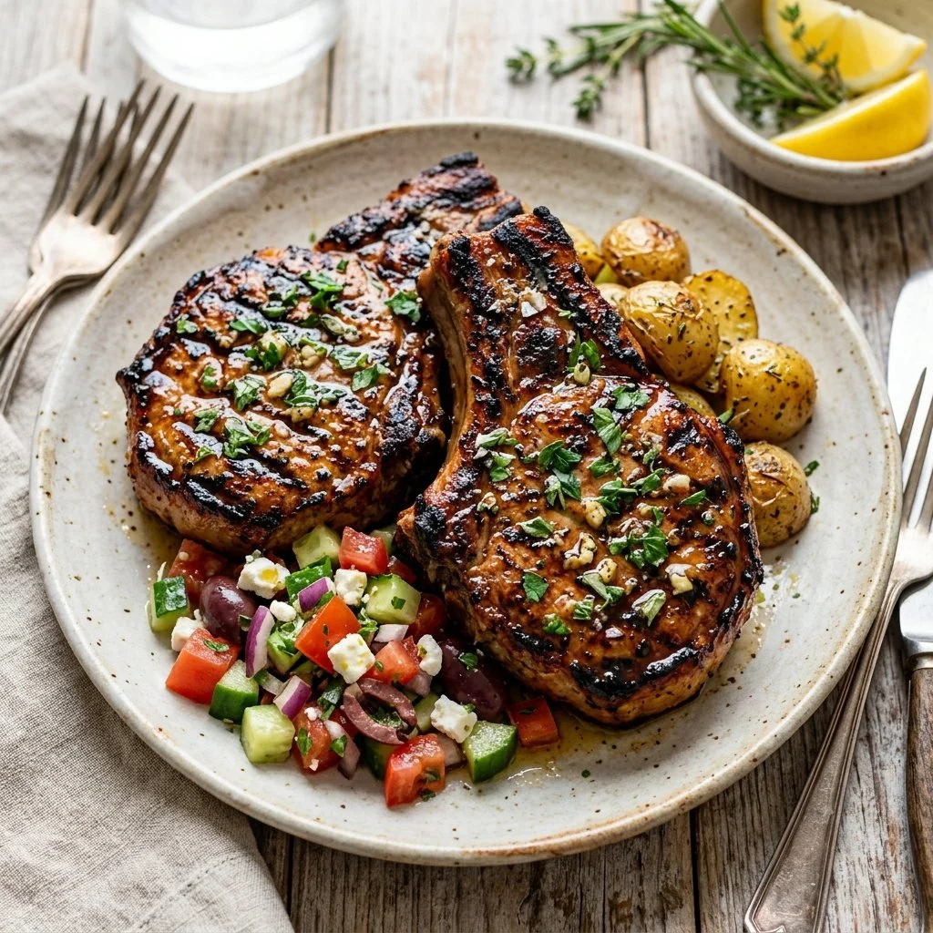Mediterranean grilled pork chops with herbs and spices served on a plate