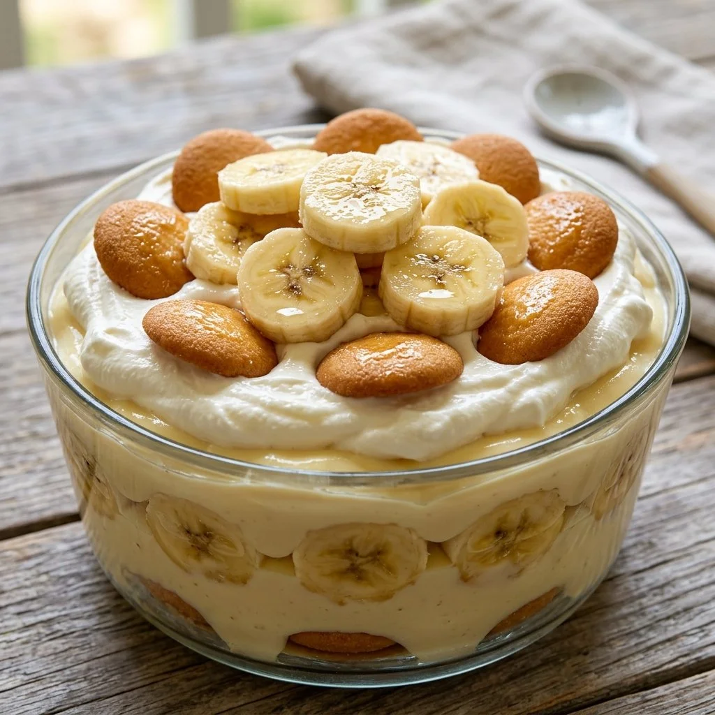 Delicious No-Bake Banana Pudding in a glass dessert dish topped with banana slices.