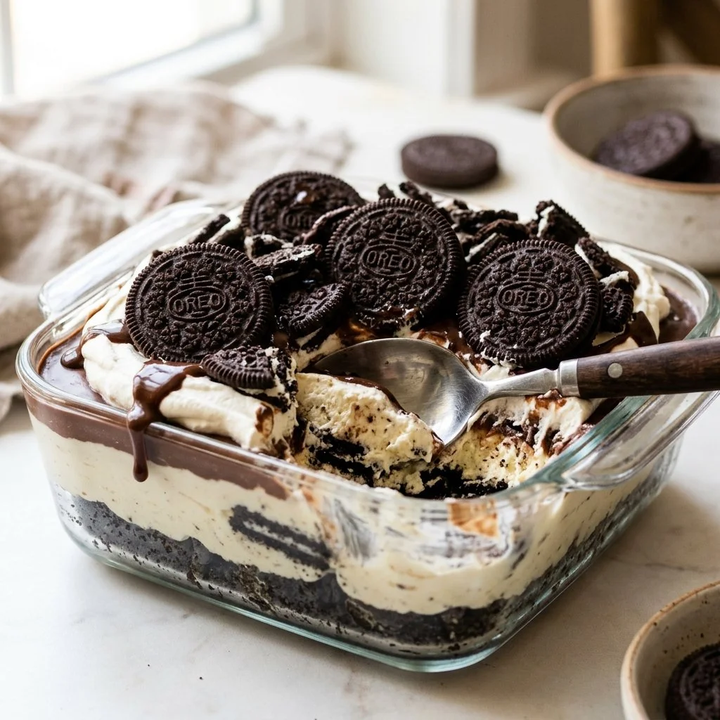 Delicious No-Bake Oreo Dessert layered with cream and crushed Oreos.