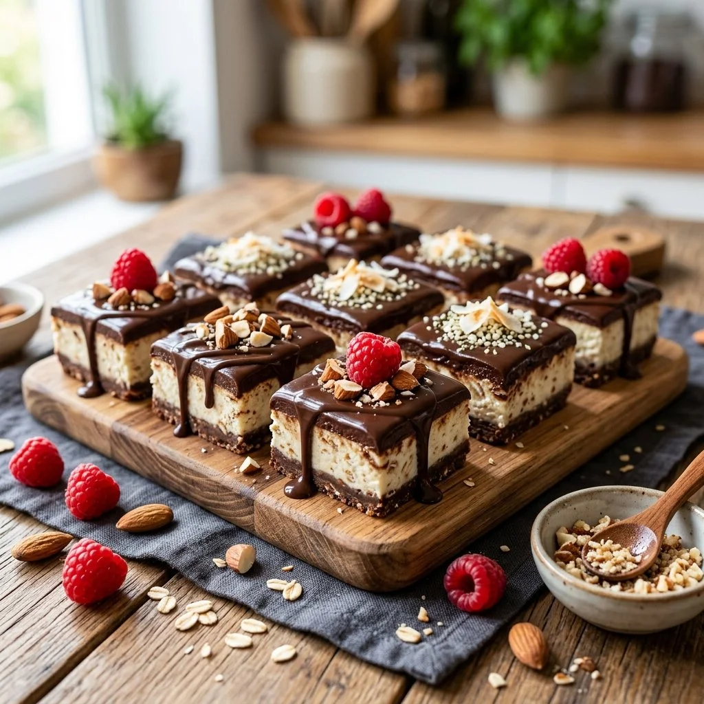 No bake protein cheesecake bites displayed on a plate