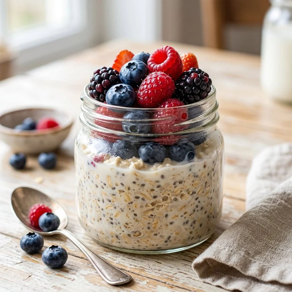 Bowl of overnight oats topped with fresh berries and nuts