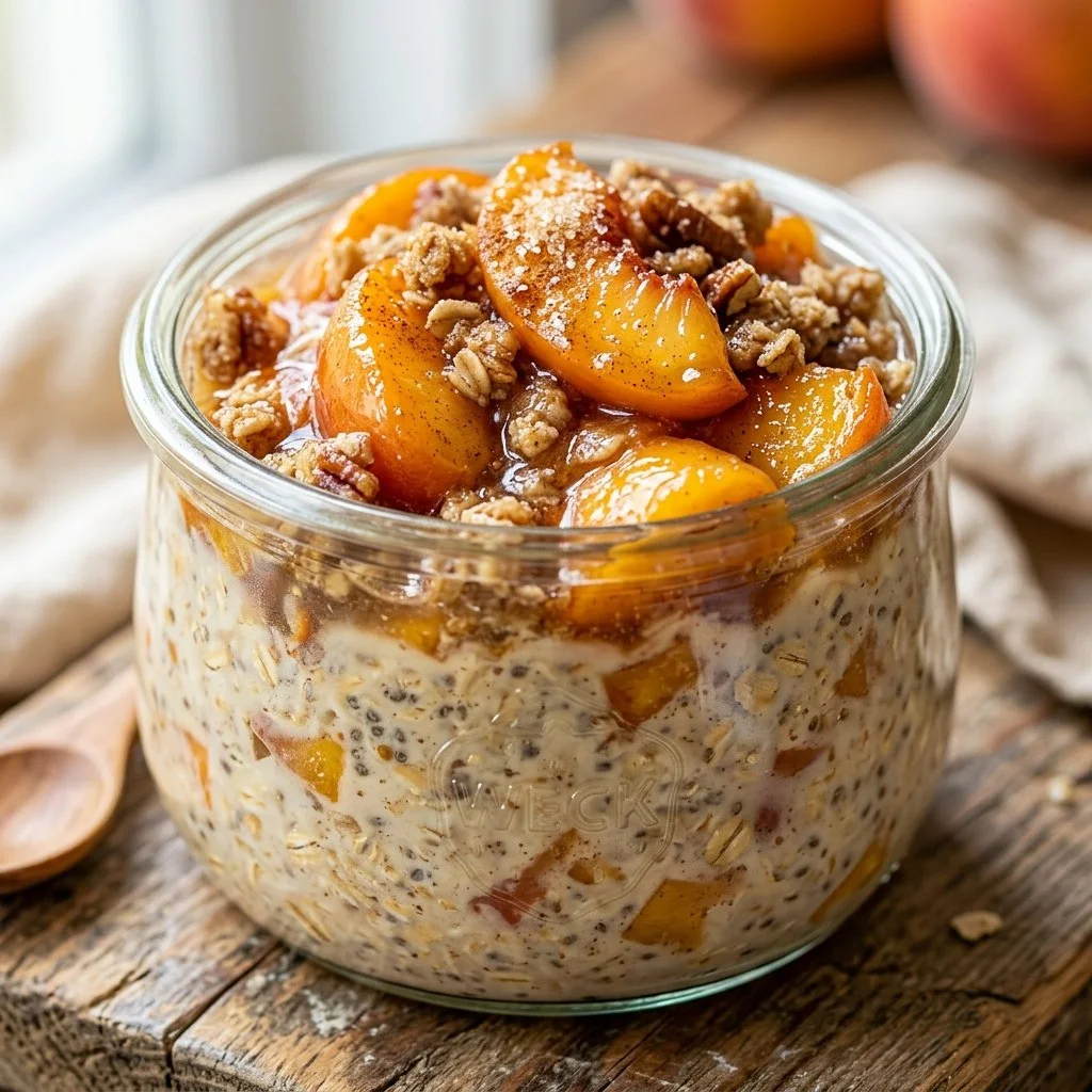Bowl of Peach Cobbler Overnight Oats topped with fresh peaches and cinnamon.