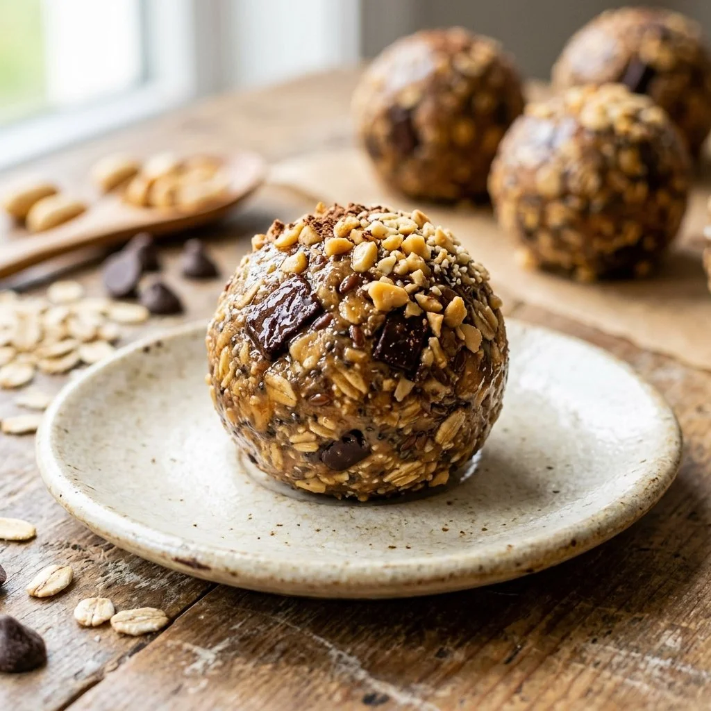 Homemade Peanut Butter Protein Balls on a wooden table