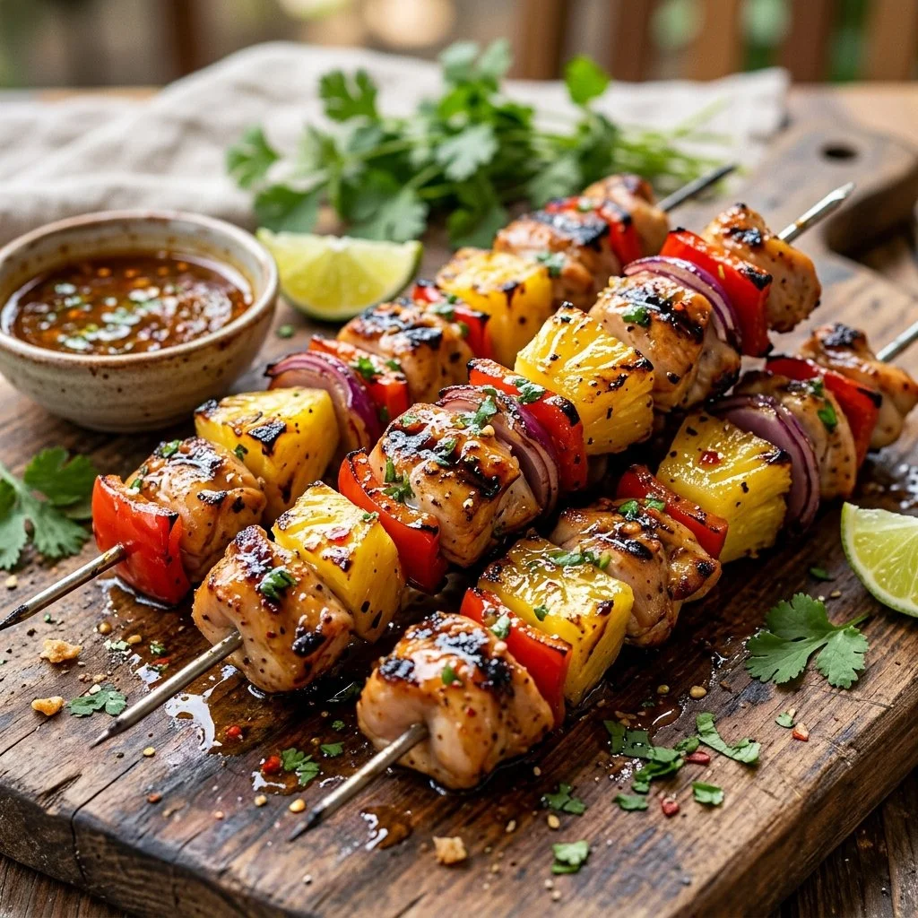 Grilled pineapple chicken skewers on a plate, garnished with fresh herbs.