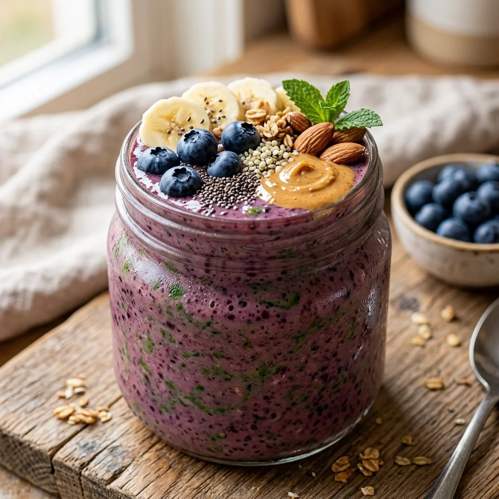Protein packed smoothie with fruits and protein powder for a healthy meal.
