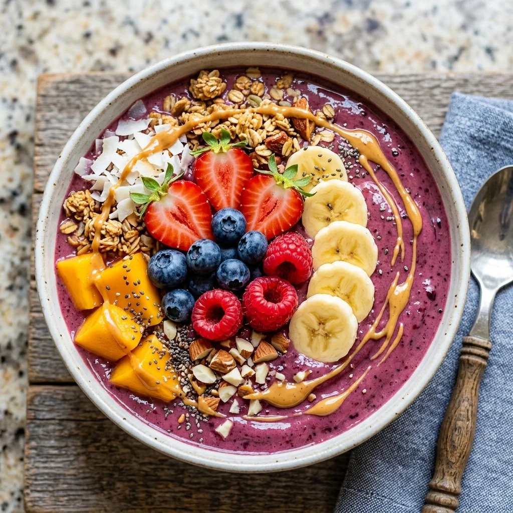 Colorful protein smoothie bowls topped with fruits, nuts, and seeds