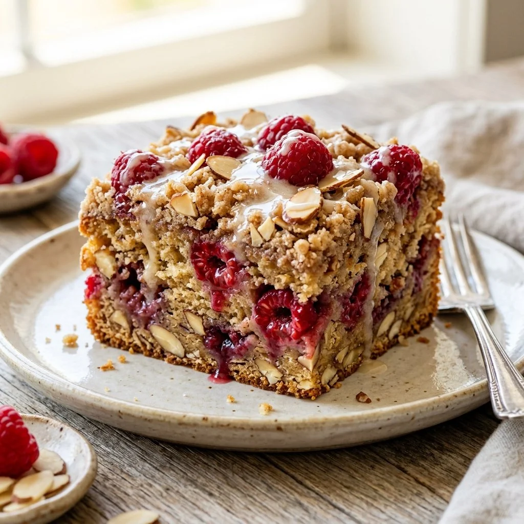 Slice of Raspberry Almond Coffee Cake with fresh raspberries and almonds