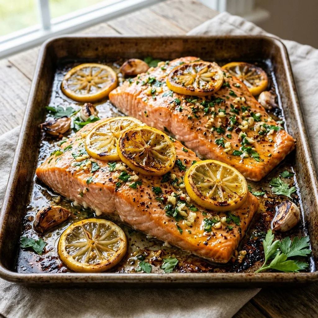 Sheet pan lemon garlic salmon with vegetables ready to serve
