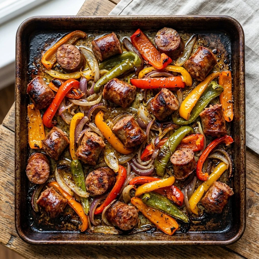 Sheet Pan Sausage Peppers with colorful bell peppers and sausages on a baking tray