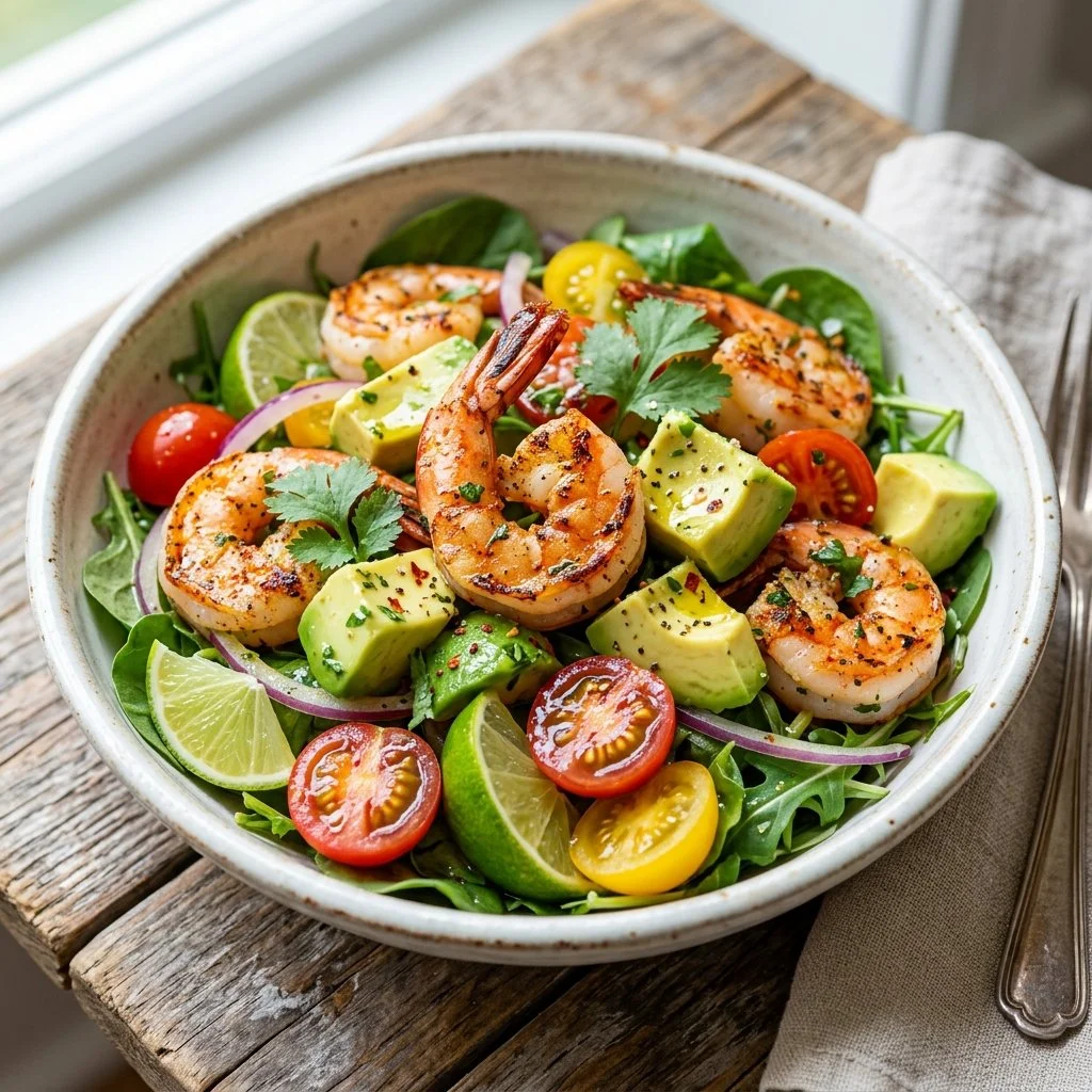 Delicious shrimp avocado salad served in a bowl filled with fresh vegetables.