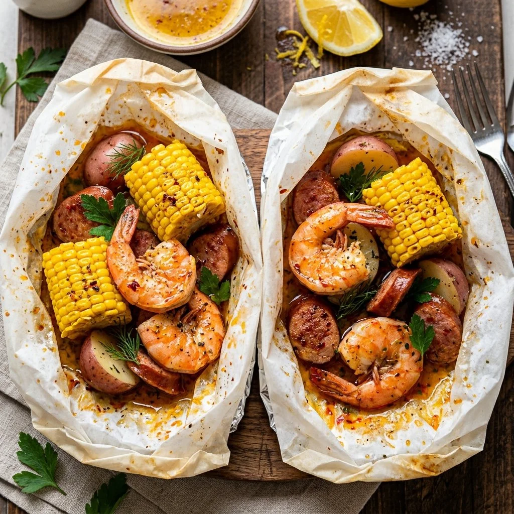 Shrimp boil packets ready to cook with shrimp, spices, and vegetables.