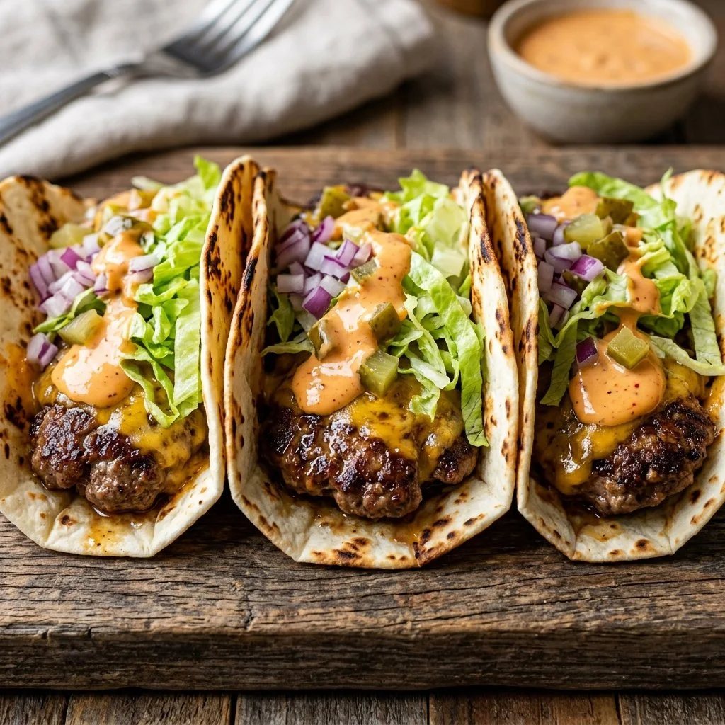 Smash Burger Tacos served on a plate with fresh toppings and condiments.
