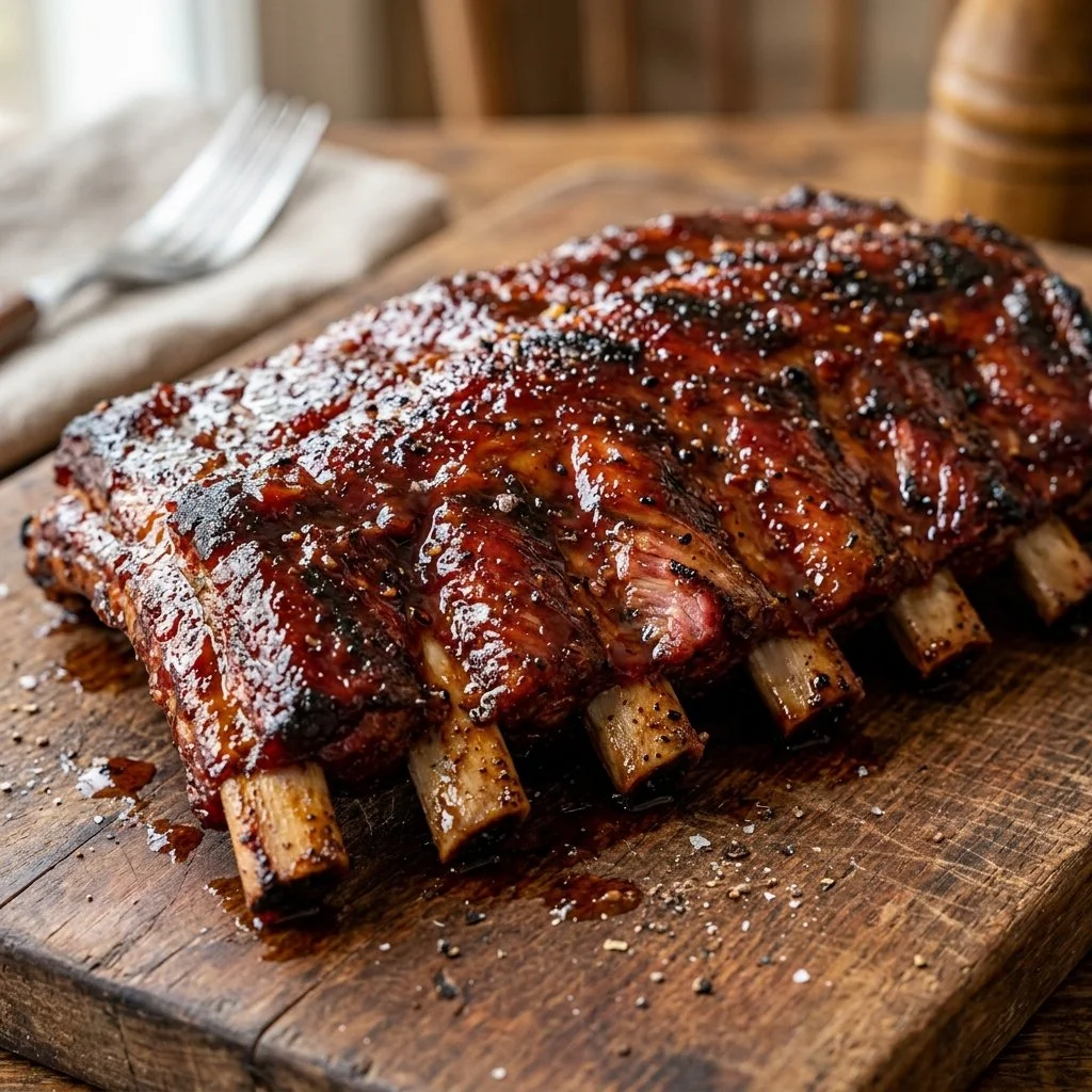Deliciously smoked BBQ ribs garnished with BBQ sauce and herbs.