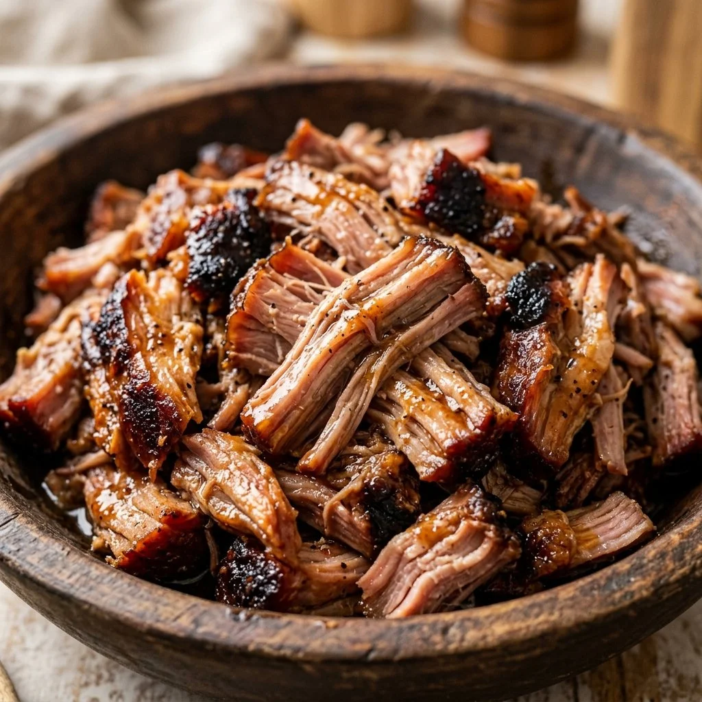 Delicious smoked pulled pork served with barbecue sauce and sides