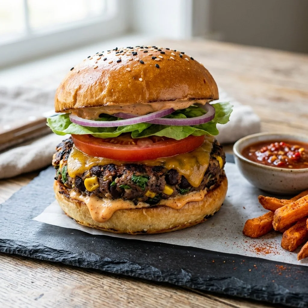 Spicy black bean burgers served with fresh toppings on a wooden plate