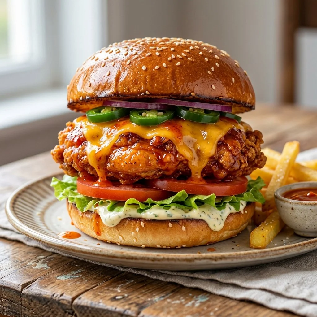 Delicious spicy chicken burgers topped with fresh ingredients