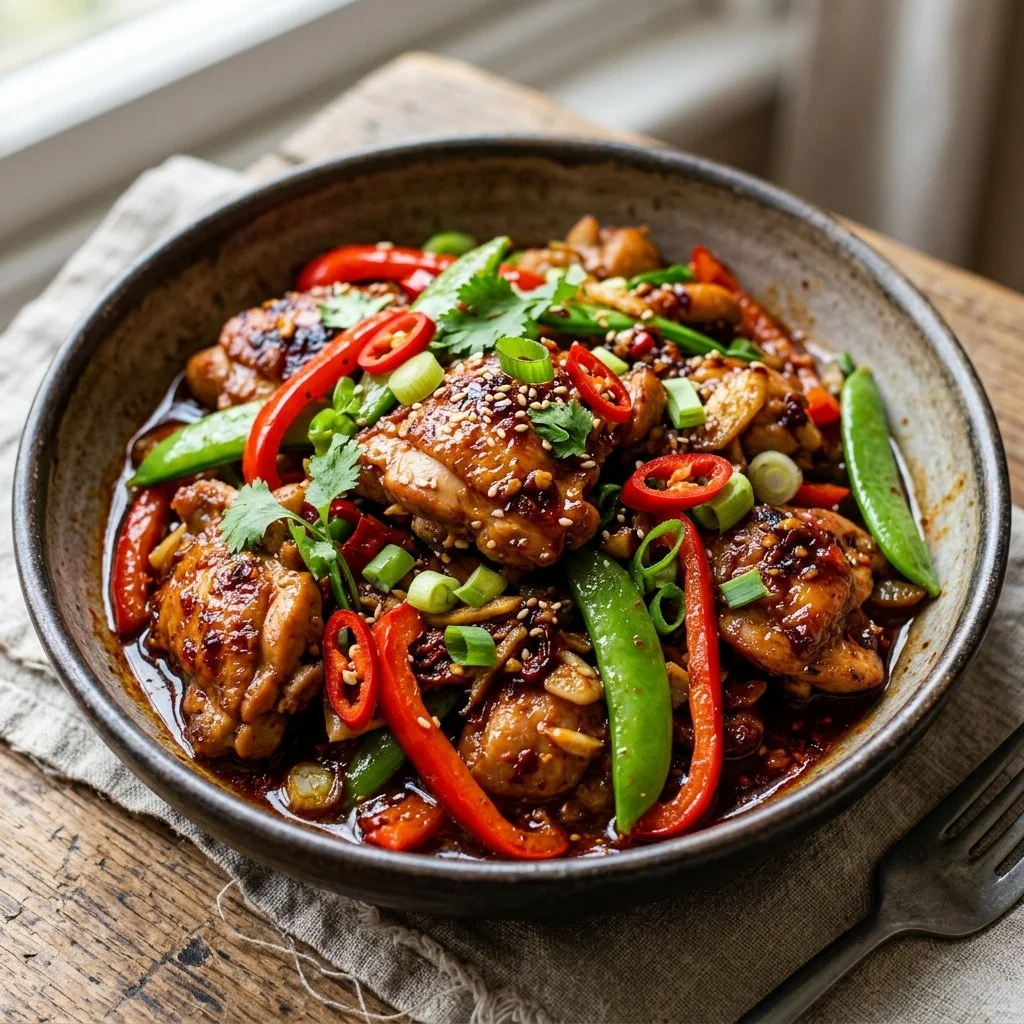Spicy chicken stirfry with colorful vegetables in a hot skillet