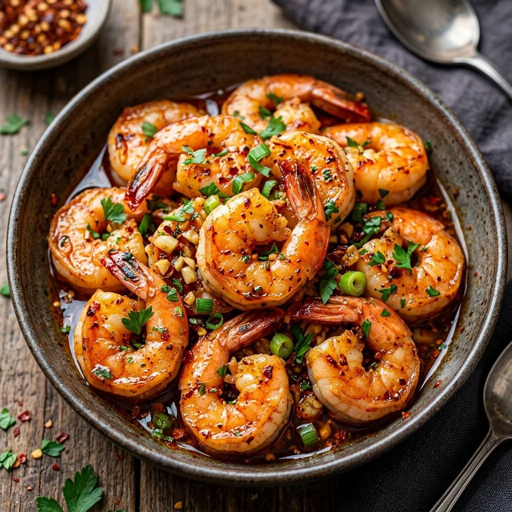 Plate of spicy garlic shrimp garnished with herbs