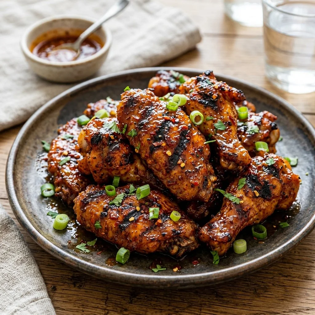 Spicy grilled chicken wings garnished with herbs and sauces