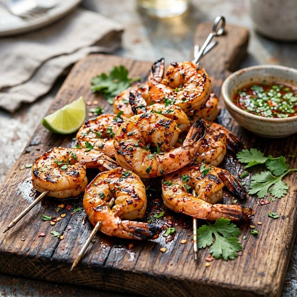 Spicy grilled shrimp skewers ready for a barbecue feast