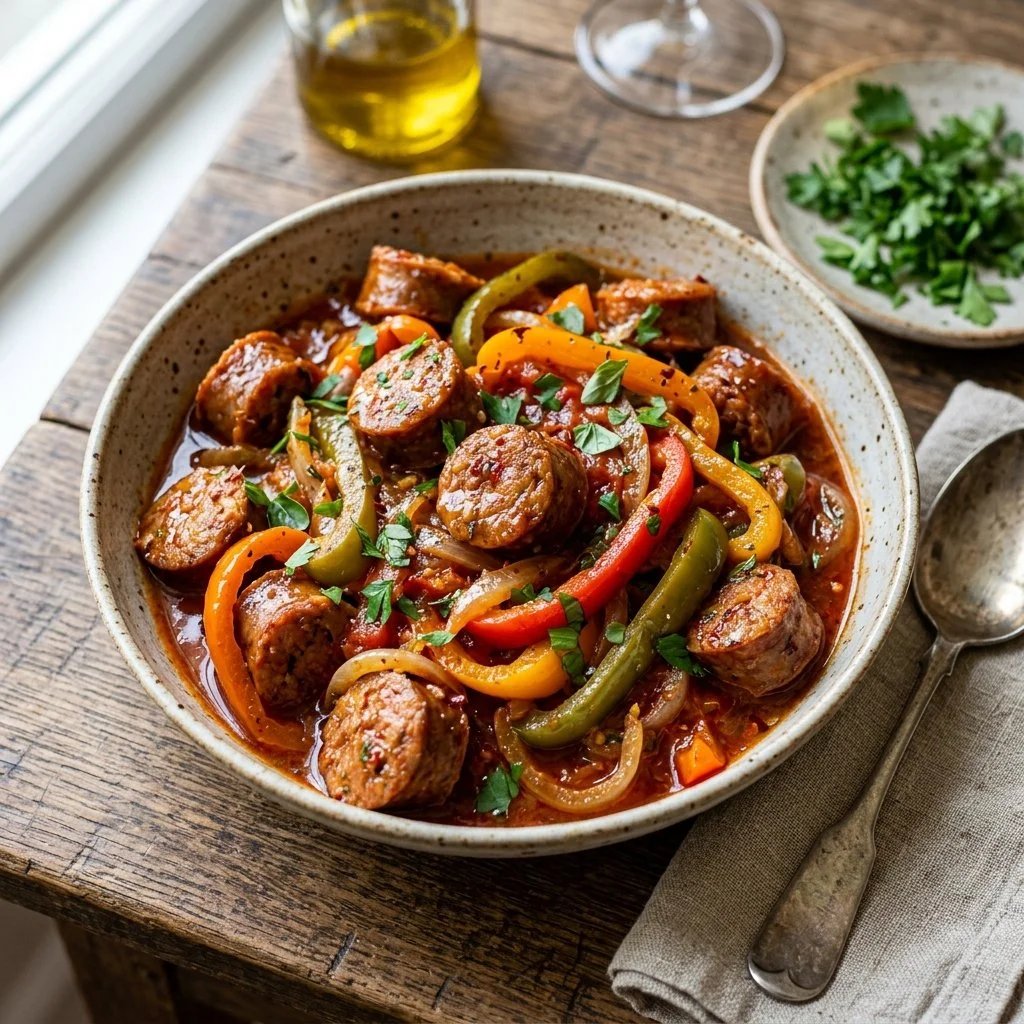 Spicy sausage peppers dish with vibrant bell peppers and savory sausages