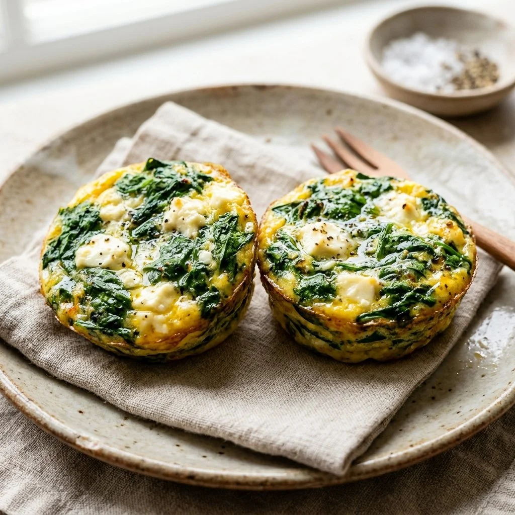 Spinach feta egg bites served on a plate, perfect for a nutritious breakfast.