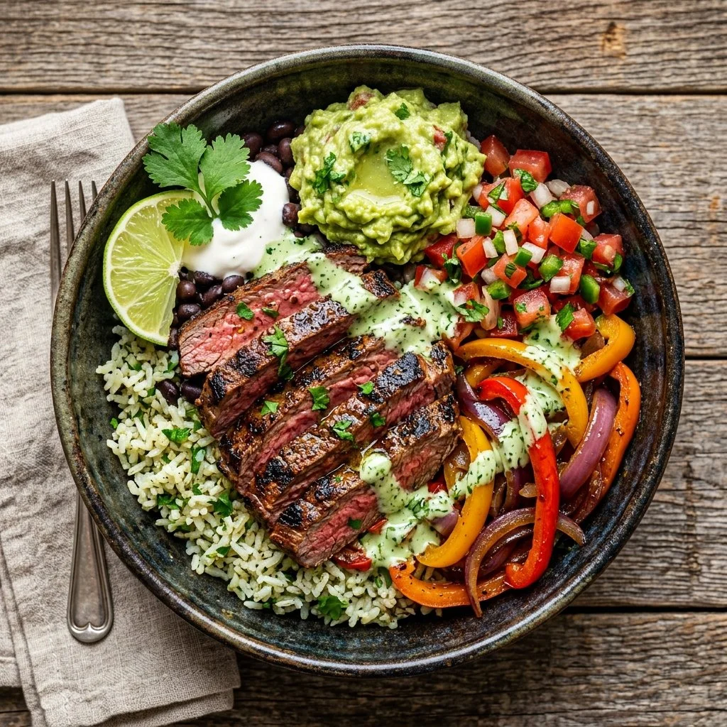 Plate of colorful steak fajita bowls with grilled steak, peppers, and avocado