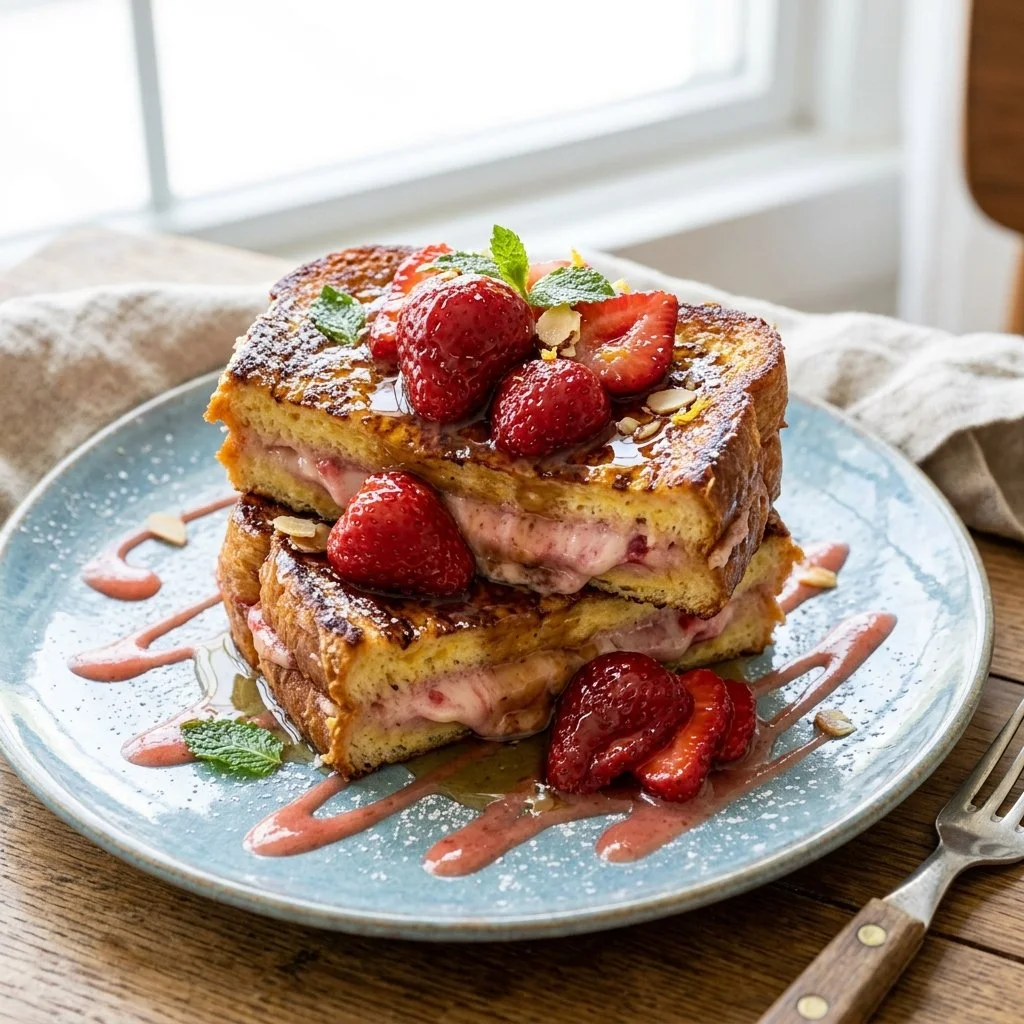Delicious Strawberry Cream Cheese French Toast served on a plate.
