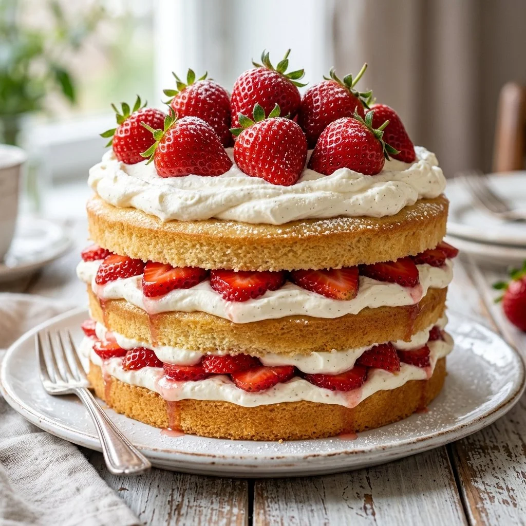 Delicious strawberry shortcake cake topped with fresh strawberries and whipped cream