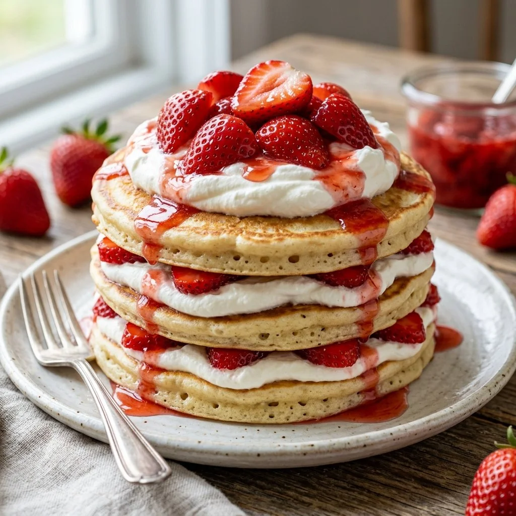 Delicious Strawberry Shortcake Pancakes topped with fresh strawberries and whipped cream