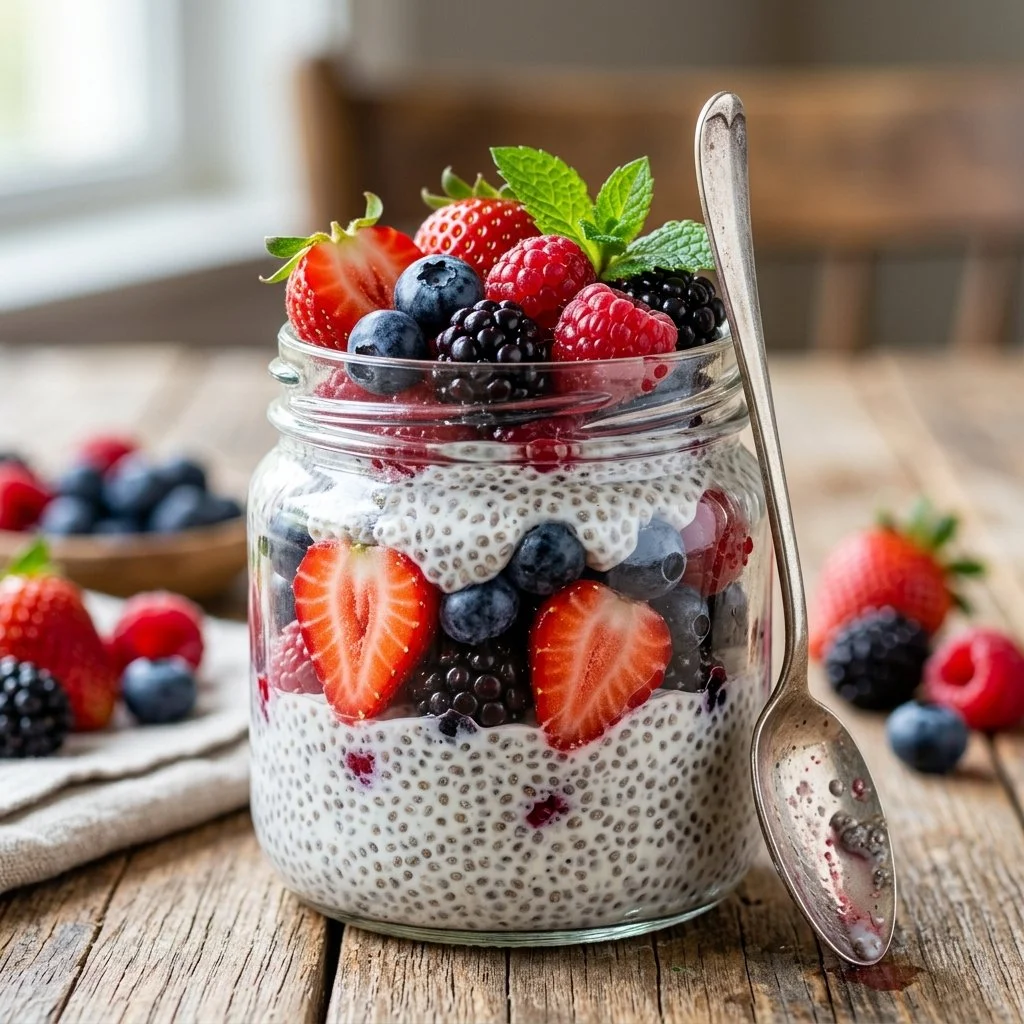 Bowl of refreshing summer berry chia pudding with vibrant fruits