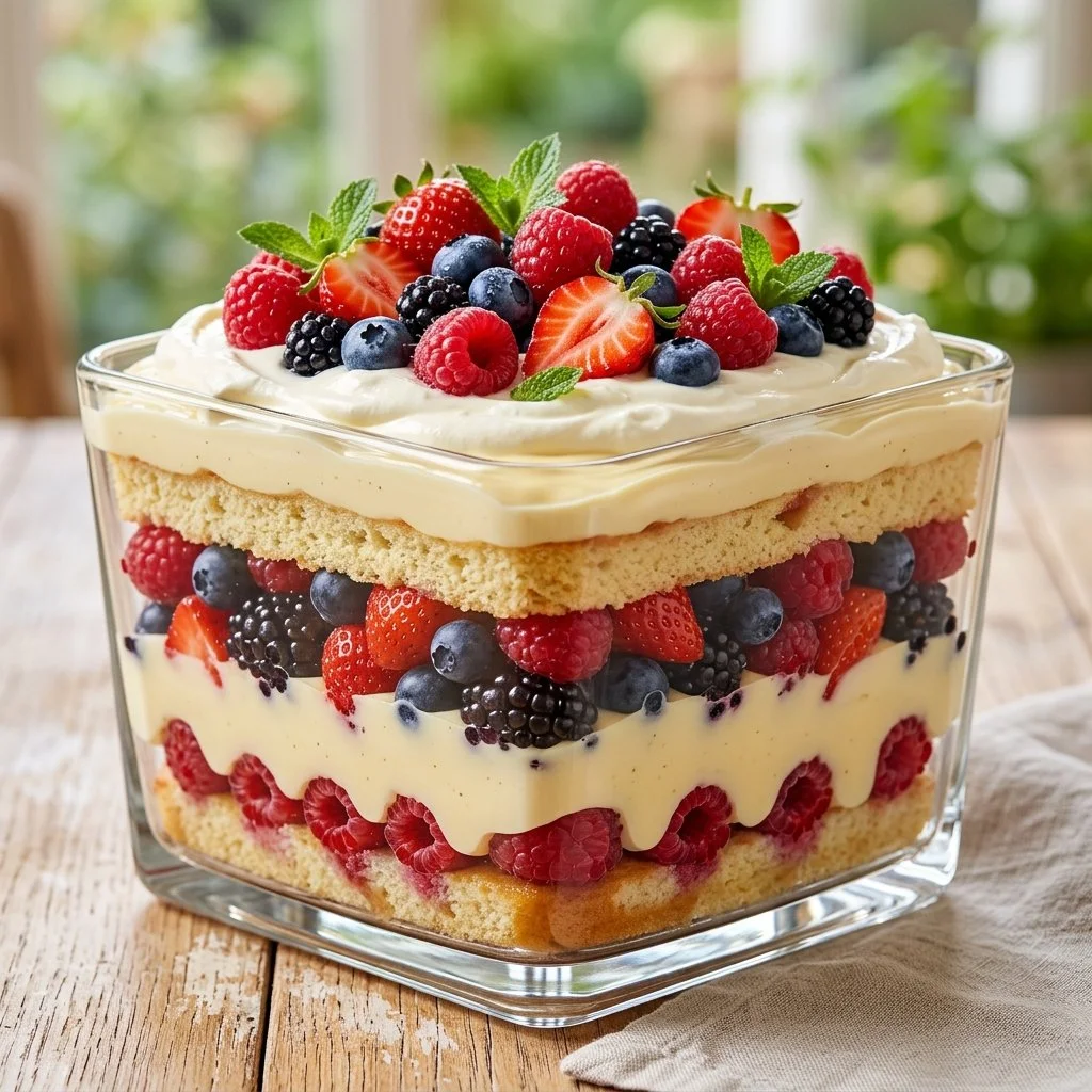 Delicious summer berry trifle with layers of fresh fruit and cream