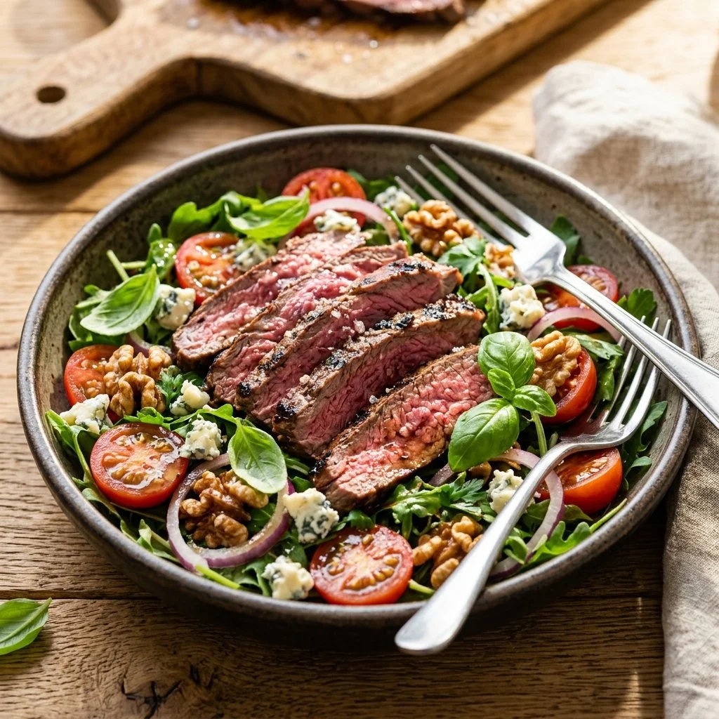 Delicious summer steak salad with greens and grilled meat