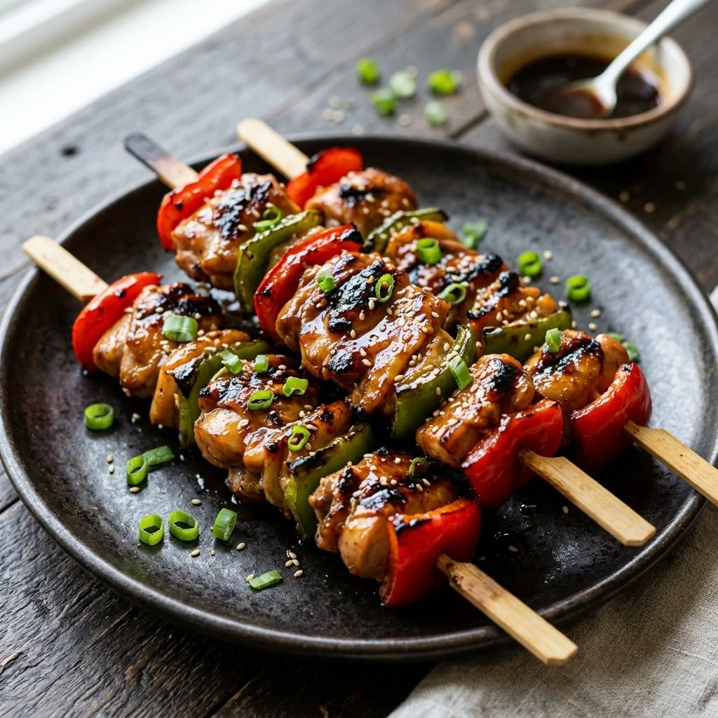 Grilled Teriyaki Chicken Skewers garnished with green onions on a platter.