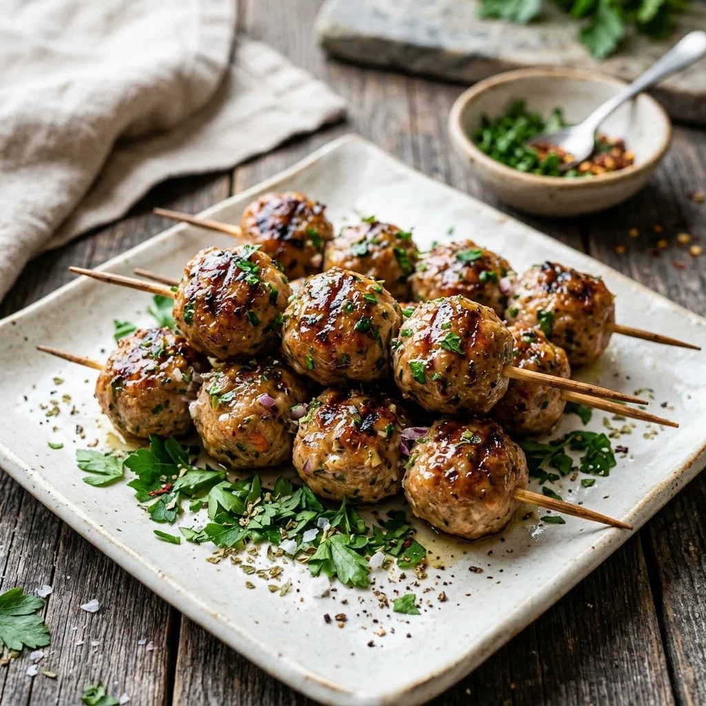 Delicious turkey meatball skewers ready for grilling, garnished with herbs.